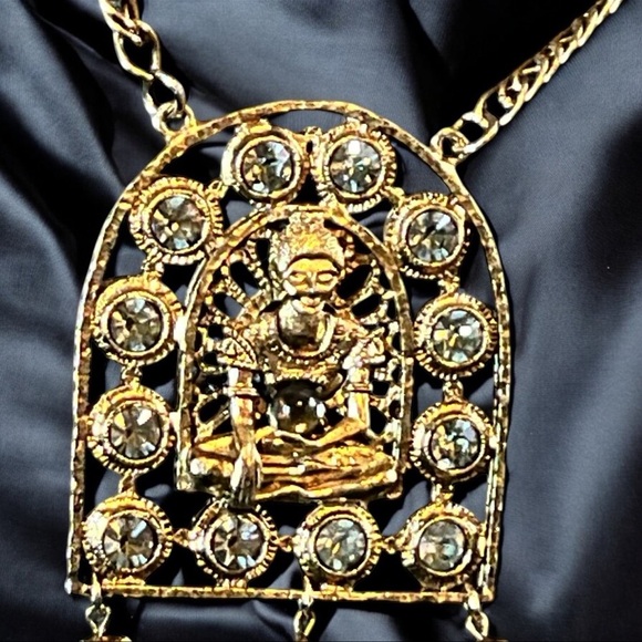 Vintage Buddha Gold Tone Rhinestone Pendant Necklace with Tassels - Picture 3 of 6
